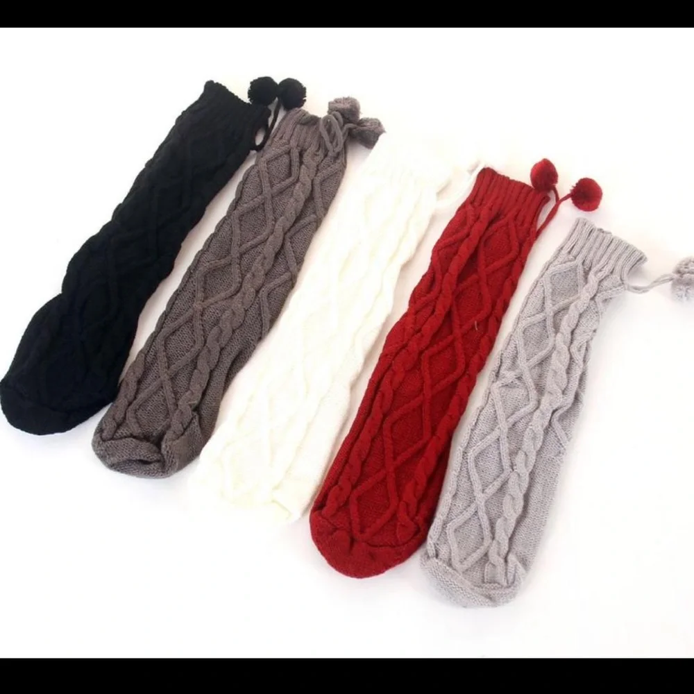Red - Cable knit socks with pom poms
